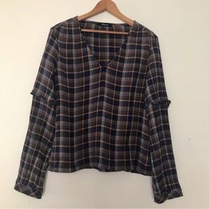 Madewell 100% Cotton Navy Blue and OrangeTartan Plaid Ruffle Sleeve V Neck Shirt